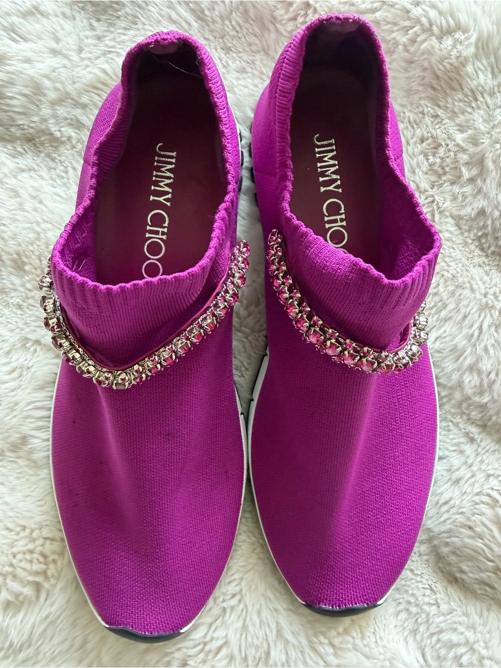 Jimmy Choo Magenta Knit Slip-On Sneakers with Crystal Trim